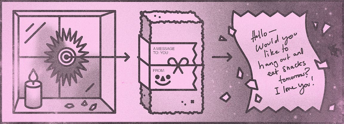 An illustrated diagram of a note tied to a brick being thrown through a window.